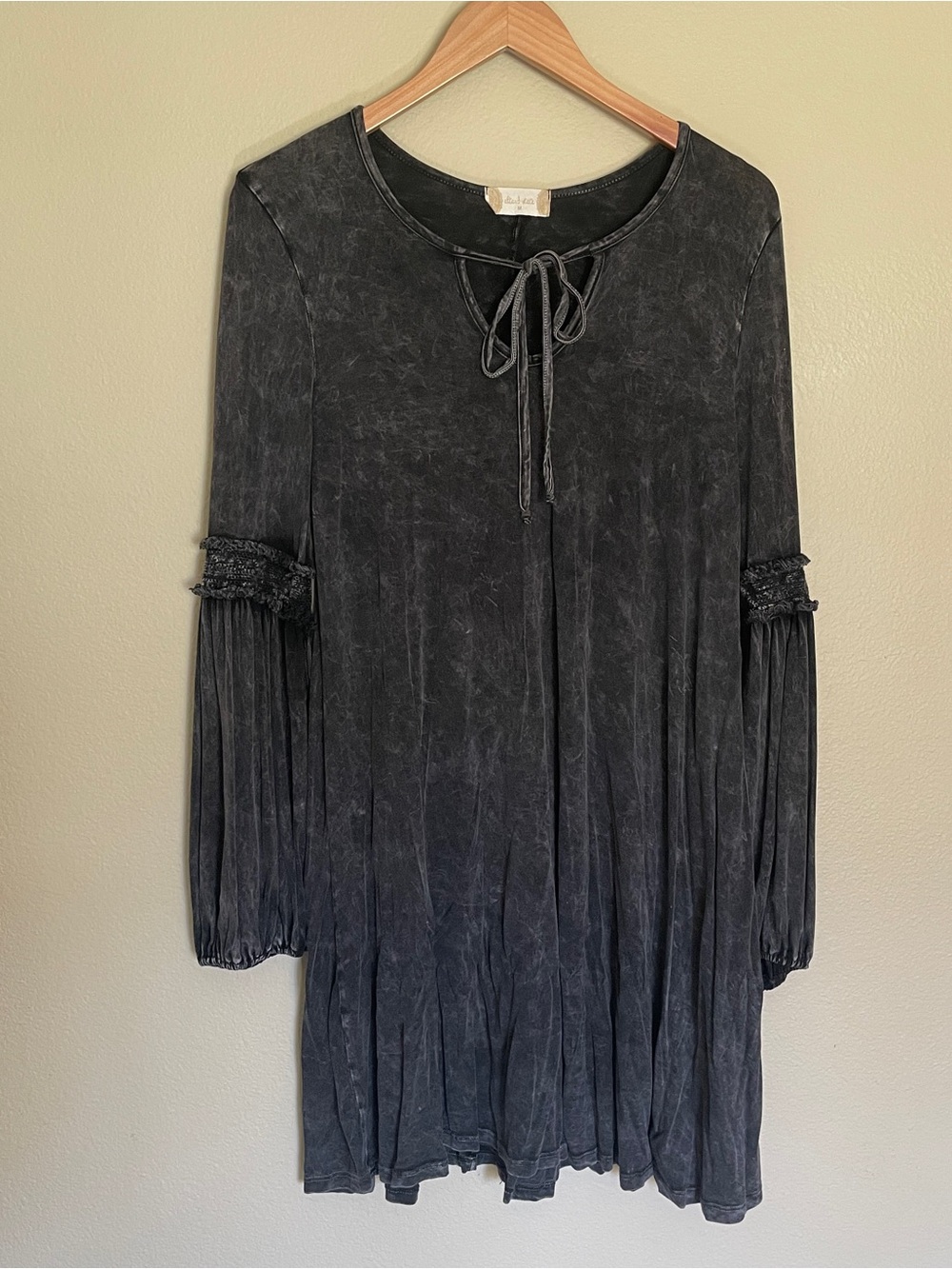 Altar'd State Washed Charcoal Tie-Neck Long Sleeve Dress